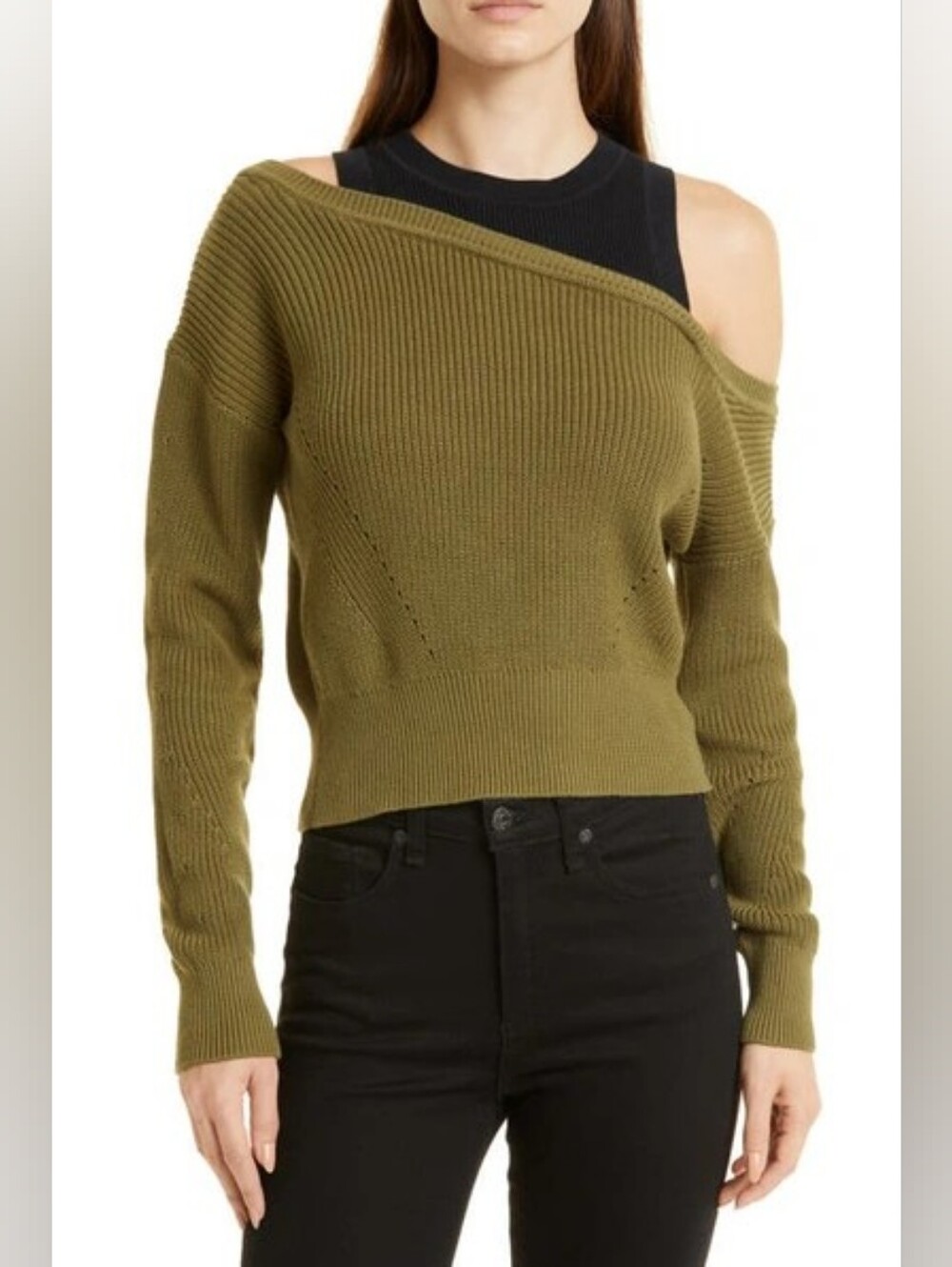 Veronica Beard Olive Asymmetric Off-Shoulder Sweater Large